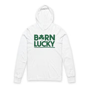 Black lightweight hoodie with 'Born Lucky' text funny St Patricks Design