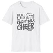 Whitet-shirt with white text 'Fueled by Beer and Christmas Cheer, ' funny christmas sweater