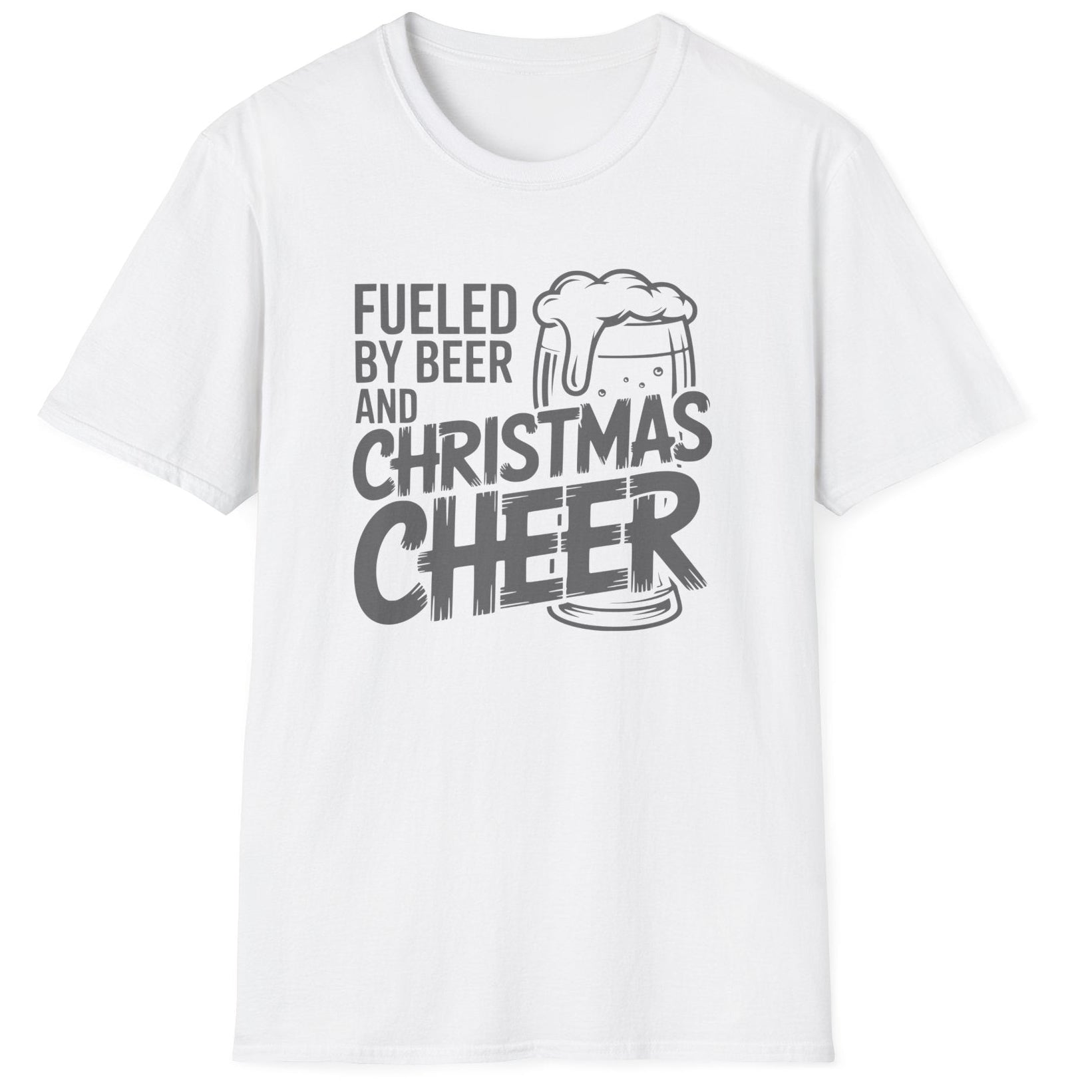 Whitet-shirt with white text 'Fueled by Beer and Christmas Cheer, ' funny christmas sweater