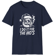 Navy blue t-shirt with a graphic of Santa Claus and text 'I Do It for the Ho's' funny christmas sweater