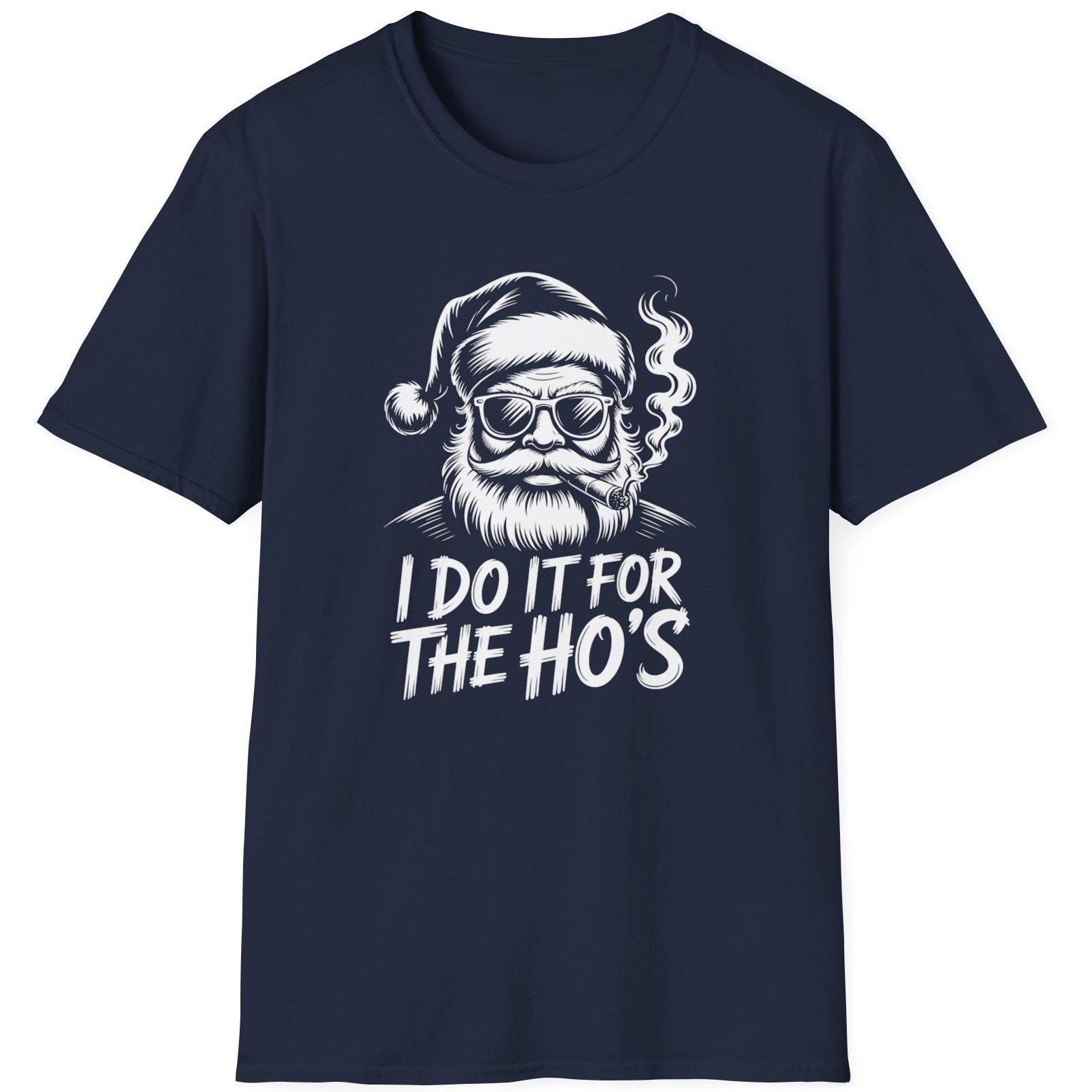Navy blue t-shirt with a graphic of Santa Claus and text 'I Do It for the Ho's' funny christmas sweater