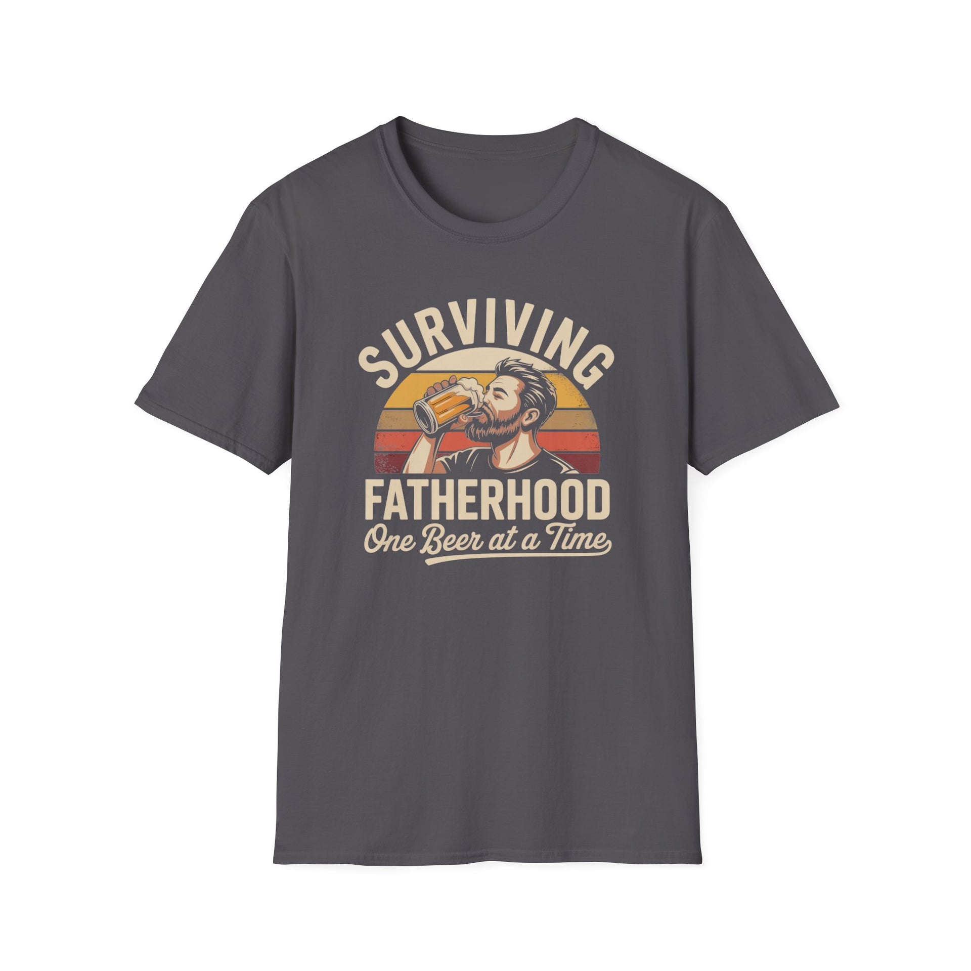 a funny gray t-shirt with the phrase 'Surviving Fatherhood One Beer at a Time" and a retro sunset graphic of a man drinking a beer funny father's day dad gift idea
