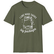 Green t-shirt with white text and graphic on a white background