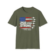 a military green t-shirt with an American flag design and '250 Years Strong' text patriotic fighter jet Meorial Day, 4th of July design
