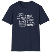 Funny Christmas Drinking Humor Short Sleeve Shirt with a whiskey glass with a santa hat and the text "Most Likely to Drink All of the Whiskey" - Navy Blue