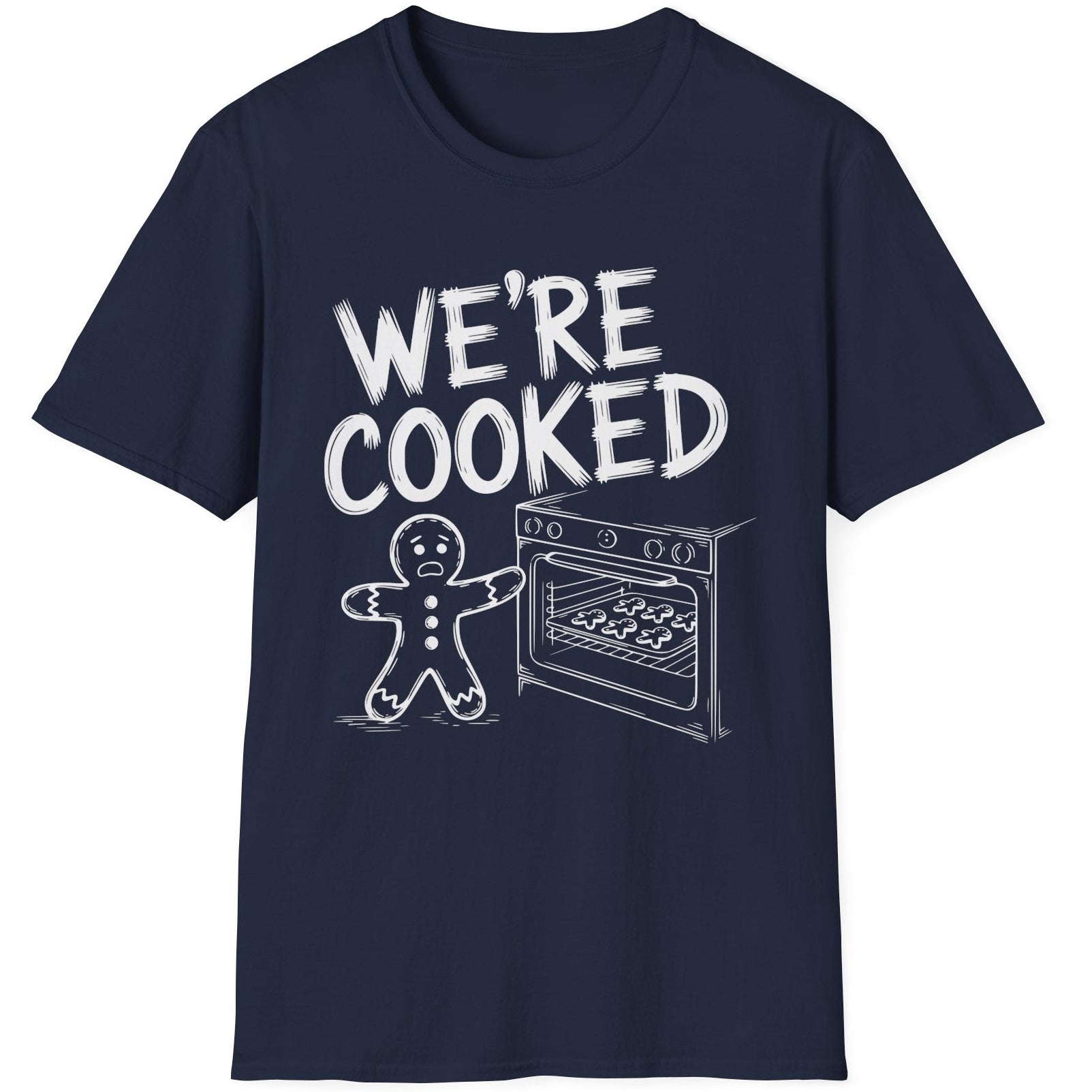 Funny Christmas Short Sleeve Shirt with a gingerbread man holding the oven door open with a sheet pan of gingerbread cookies and the text "We're Cooked" - Navy Blue