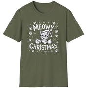 Cute Christmas Cat Short Sleeve Shirt with a kitten playing with ornaments and the text "Meowy Christmas" - Military Green