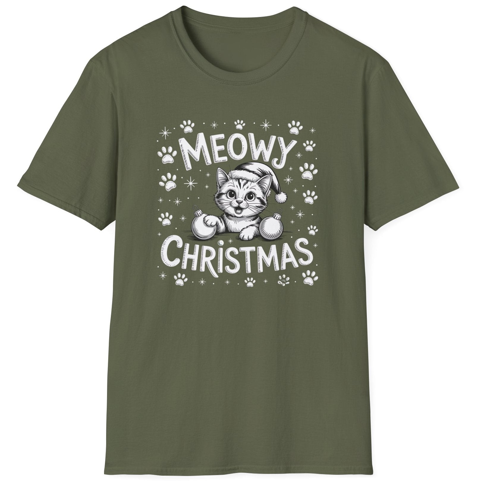 Cute Christmas Cat Short Sleeve Shirt with a kitten playing with ornaments and the text "Meowy Christmas" - Military Green