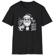 Black t-shirt with a graphic of Santa Claus holding a bottle and text 'Full of Holly Jolly Juice'  funny christmas sweater