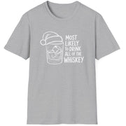 Funny Christmas Drinking Humor Short Sleeve Shirt with a whiskey glass with a santa hat and the text "Most Likely to Drink All of the Whiskey" - Sport Grey