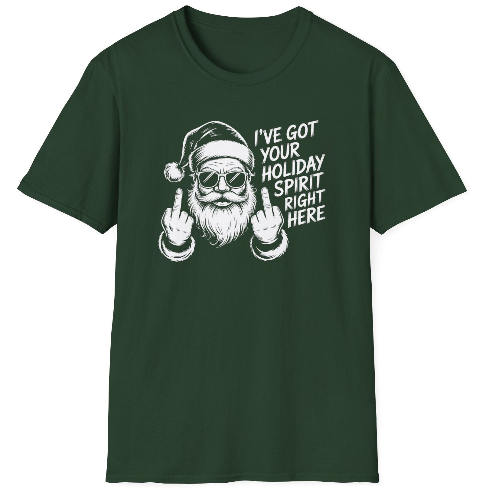 Greent-shirt with a graphic of Santa Claus and the text i've got your holiday spirit right here funny christmas sweater