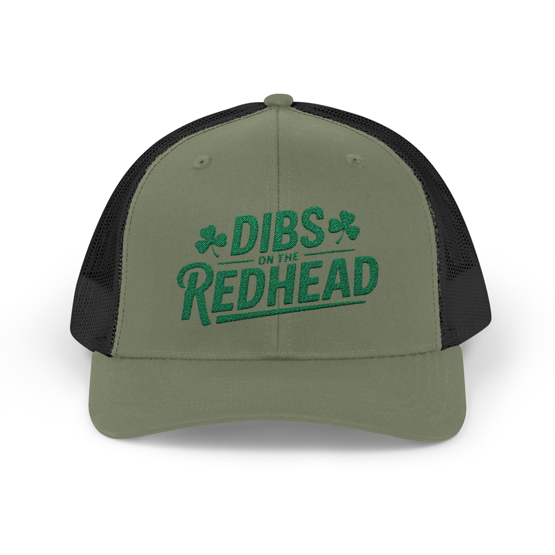 green and black curved bill trucker hat with the text 'DIBS on the REDHEAD' funny st patricks day pub crawl design