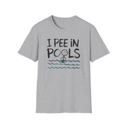 Gray t-shirt with 'I Pee in Pools' text and graphic on a white background