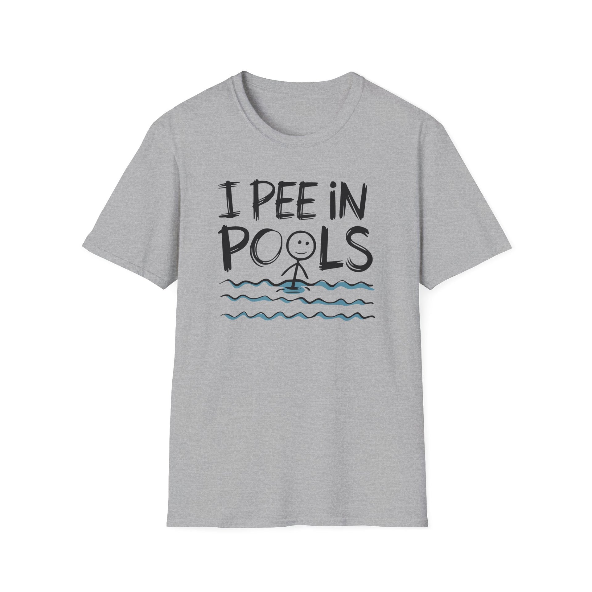 Gray t-shirt with 'I Pee in Pools' text and graphic on a white background