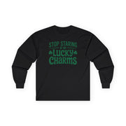 black long-sleeve shirt with the phrase stop staring at my lucky charms funny st patricks day design
