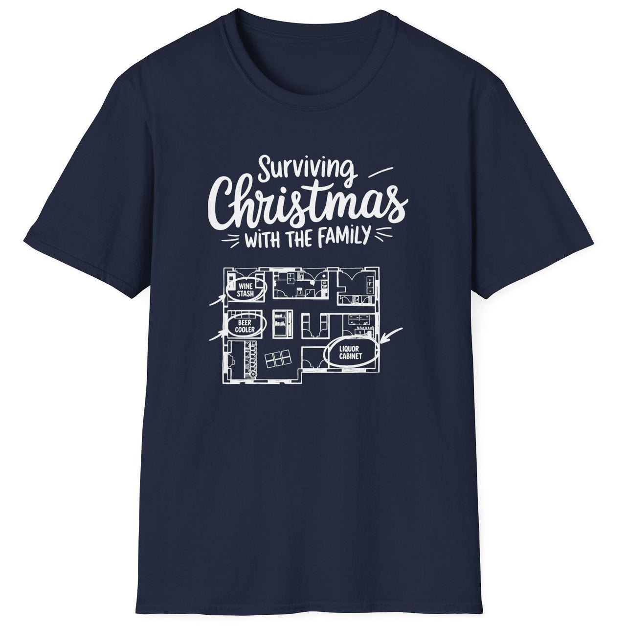 Navy blue t-shirt with the phrase surviving christmas with the family funny christmas sweater