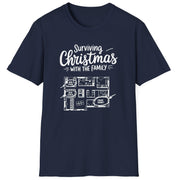 Navy blue t-shirt with the phrase surviving christmas with the family funny christmas sweater