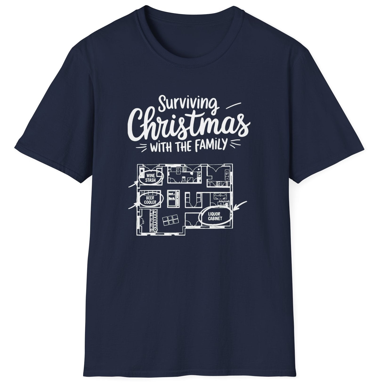 Navy blue t-shirt with the phrase surviving christmas with the family funny christmas sweater