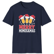 Navy blue t-shirt with 'Merry Mimosamas' design featuring champagne glasses and Santa hats funny christmas sweater