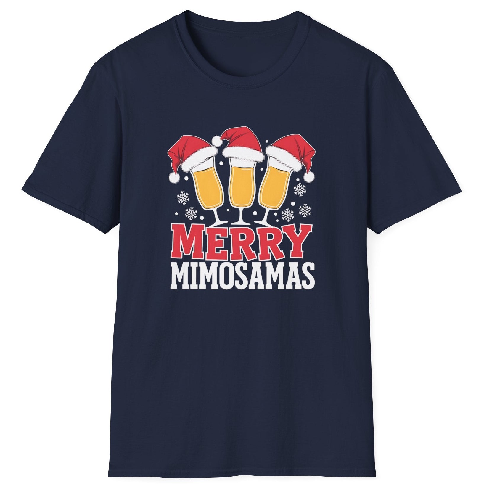 Navy blue t-shirt with 'Merry Mimosamas' design featuring champagne glasses and Santa hats funny christmas sweater
