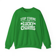 green sweatshirt with green text 'Stop Staring at My Lucky Charms' funny St Patricks Design