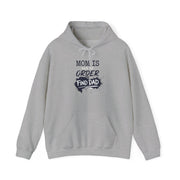 a gray hoodie with text 'Mom is out of order find dad' funny mother's day, mom life, girls trip design