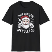 Brown  t-shirt with Santa Claus graphic and text 'Have you seen my Yule log' funny christmas sweater