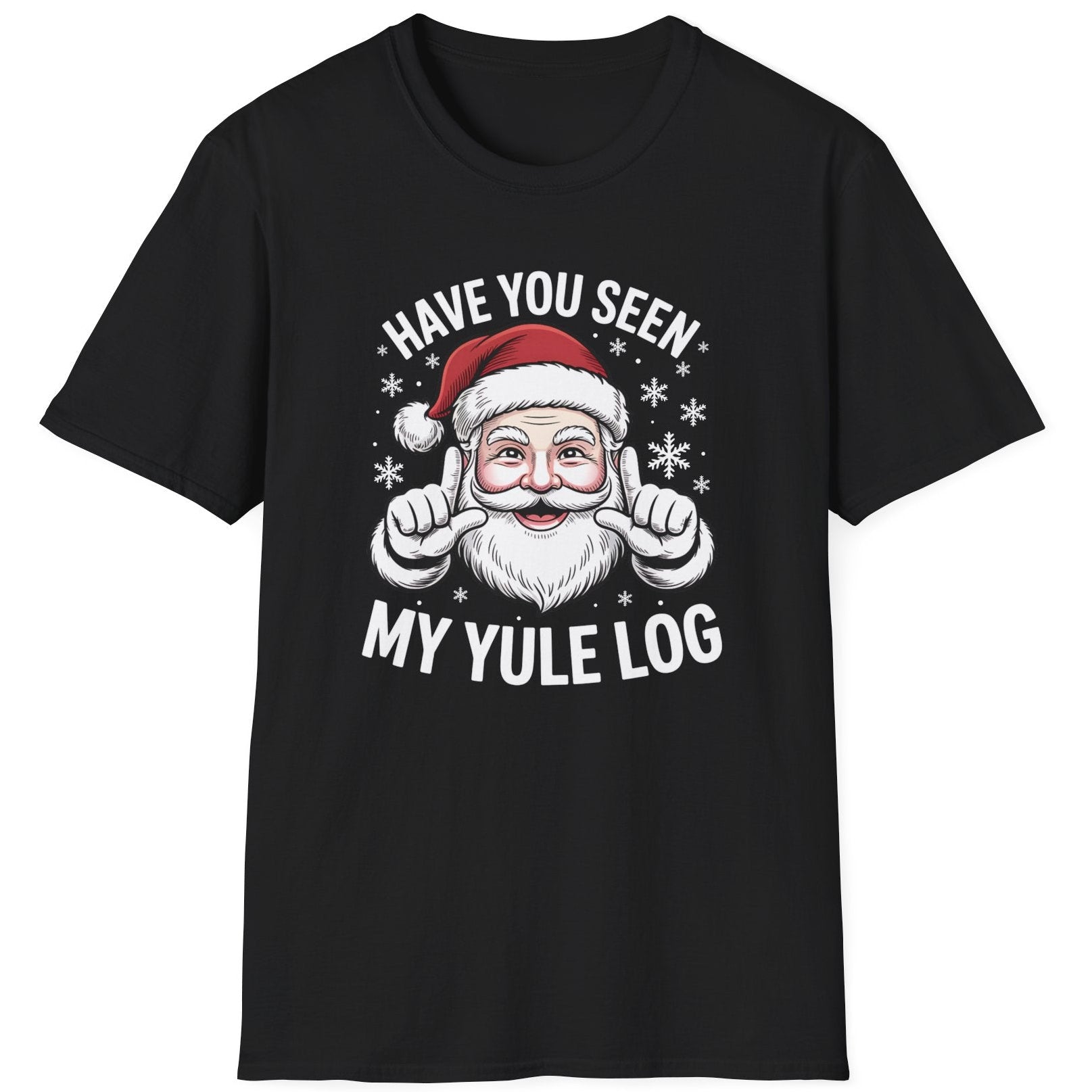 Brown  t-shirt with Santa Claus graphic and text 'Have you seen my Yule log' funny christmas sweater