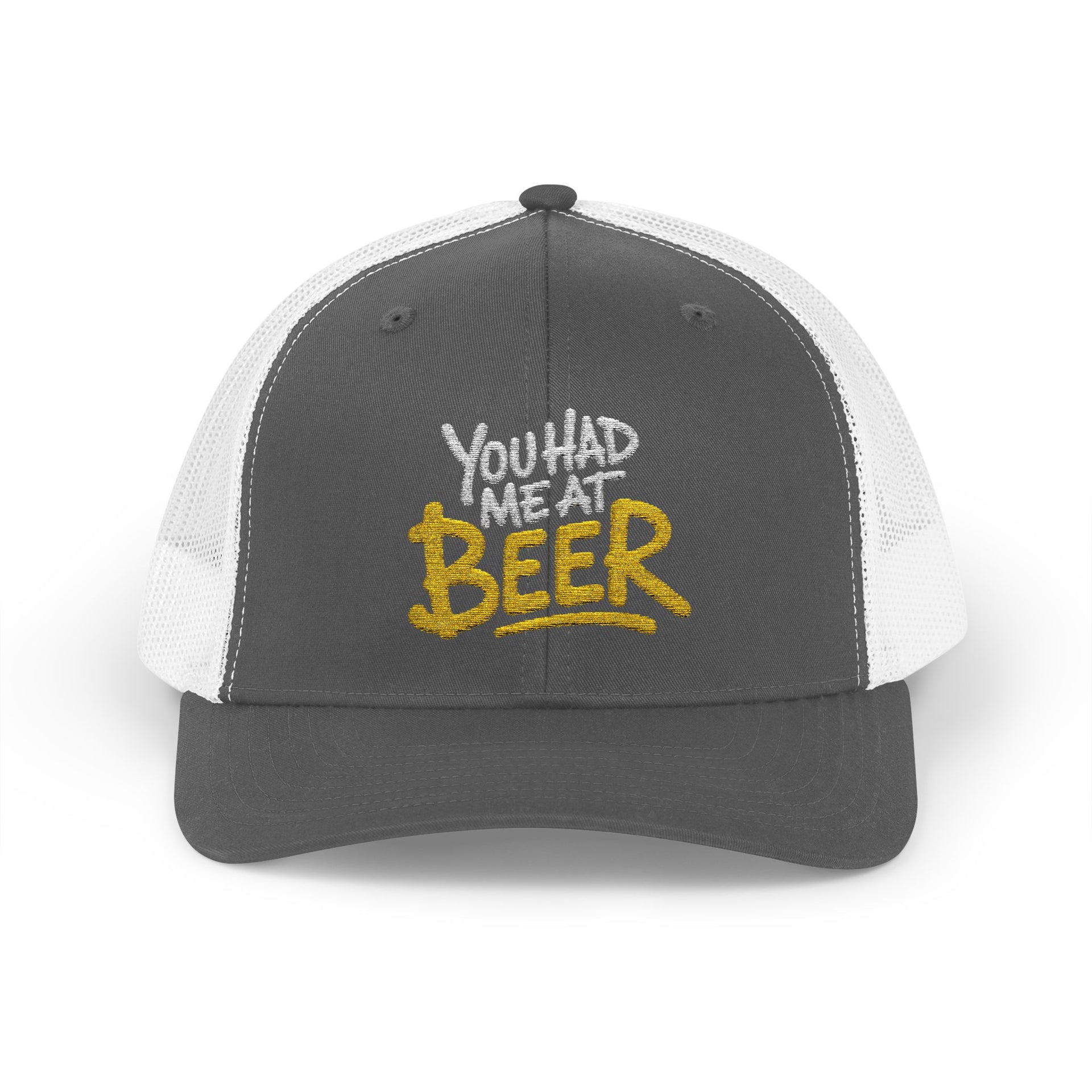 a charcoal and white trucker hat with the phrase  'You Had Me at Beer' text funny spring break, guys trip, girls trip, bachelor party, bachelorette party, lake season, beach trip, summer vacation design