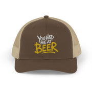 a brown and khaki trucker hat with the phrase  'You Had Me at Beer' text funny spring break, guys trip, girls trip, bachelor party, bachelorette party, lake season, beach trip, summer vacation design