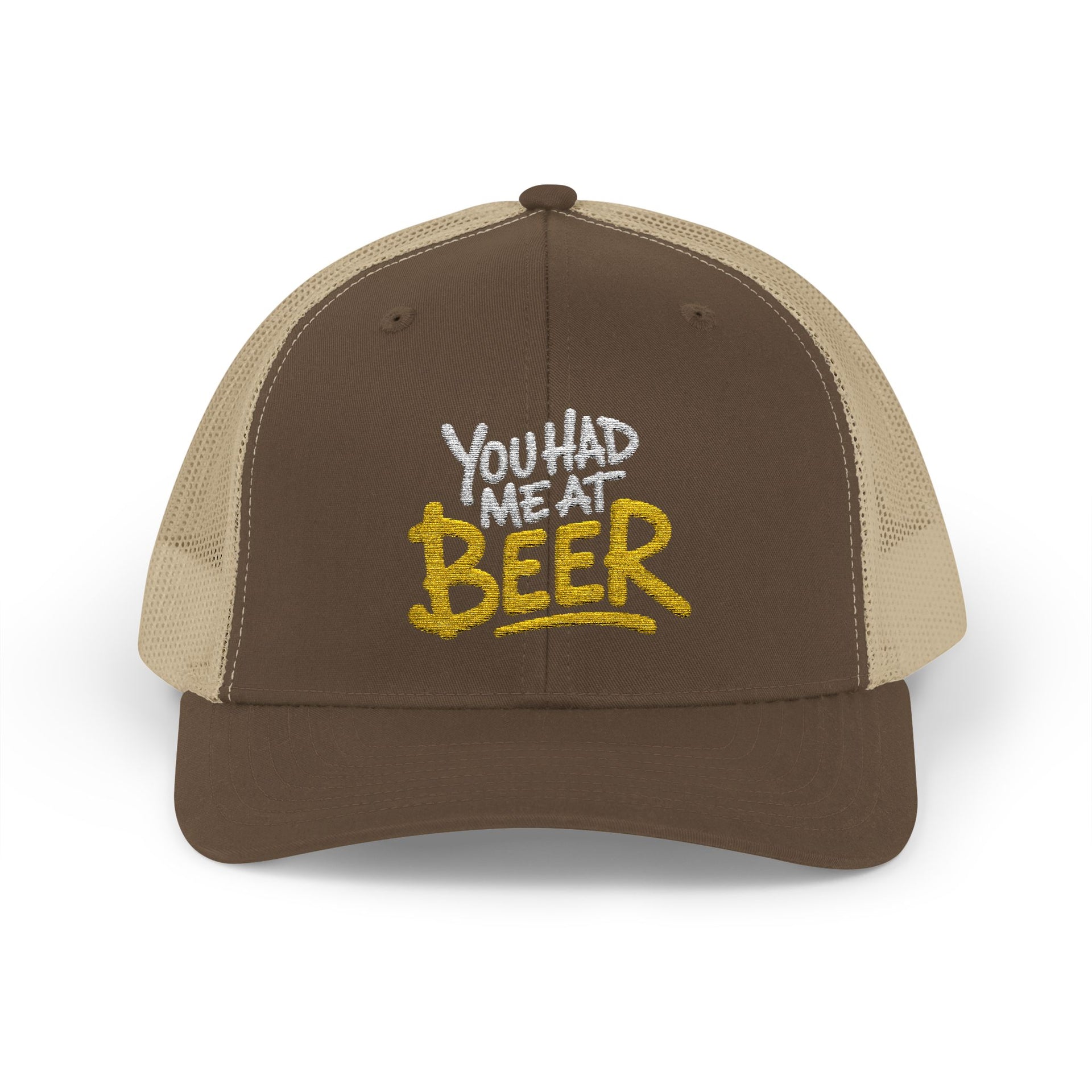 a brown and khaki trucker hat with the phrase  'You Had Me at Beer' text funny spring break, guys trip, girls trip, bachelor party, bachelorette party, lake season, beach trip, summer vacation design