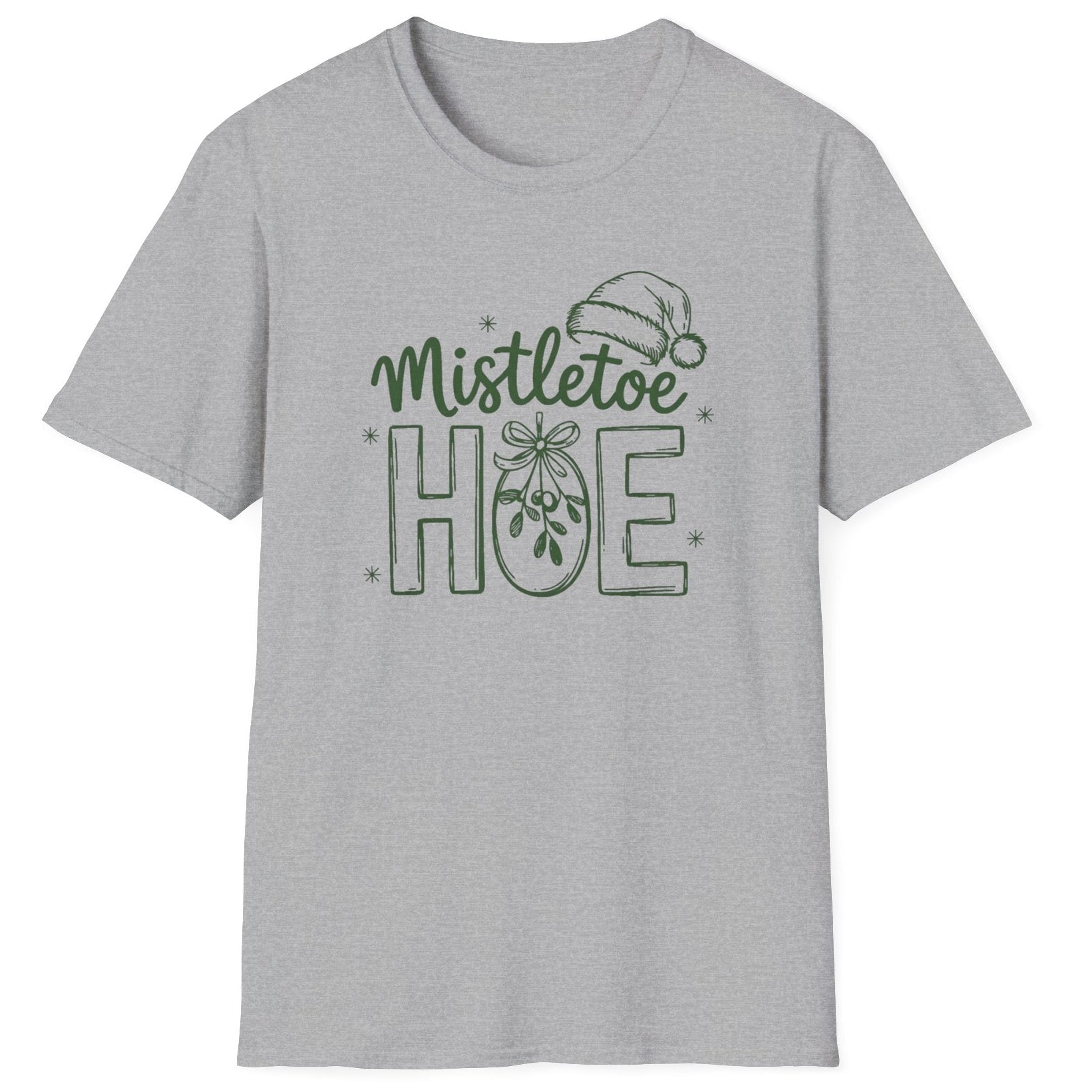 Funny Christmas Humor Short Sleeve Shirt with mistletoe and a santa hat and the text and the text "Mistletoe Hoe" - Sport Grey