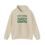 beige hoodie with the phrase stop staring at my lucky charms funny st patricks day design