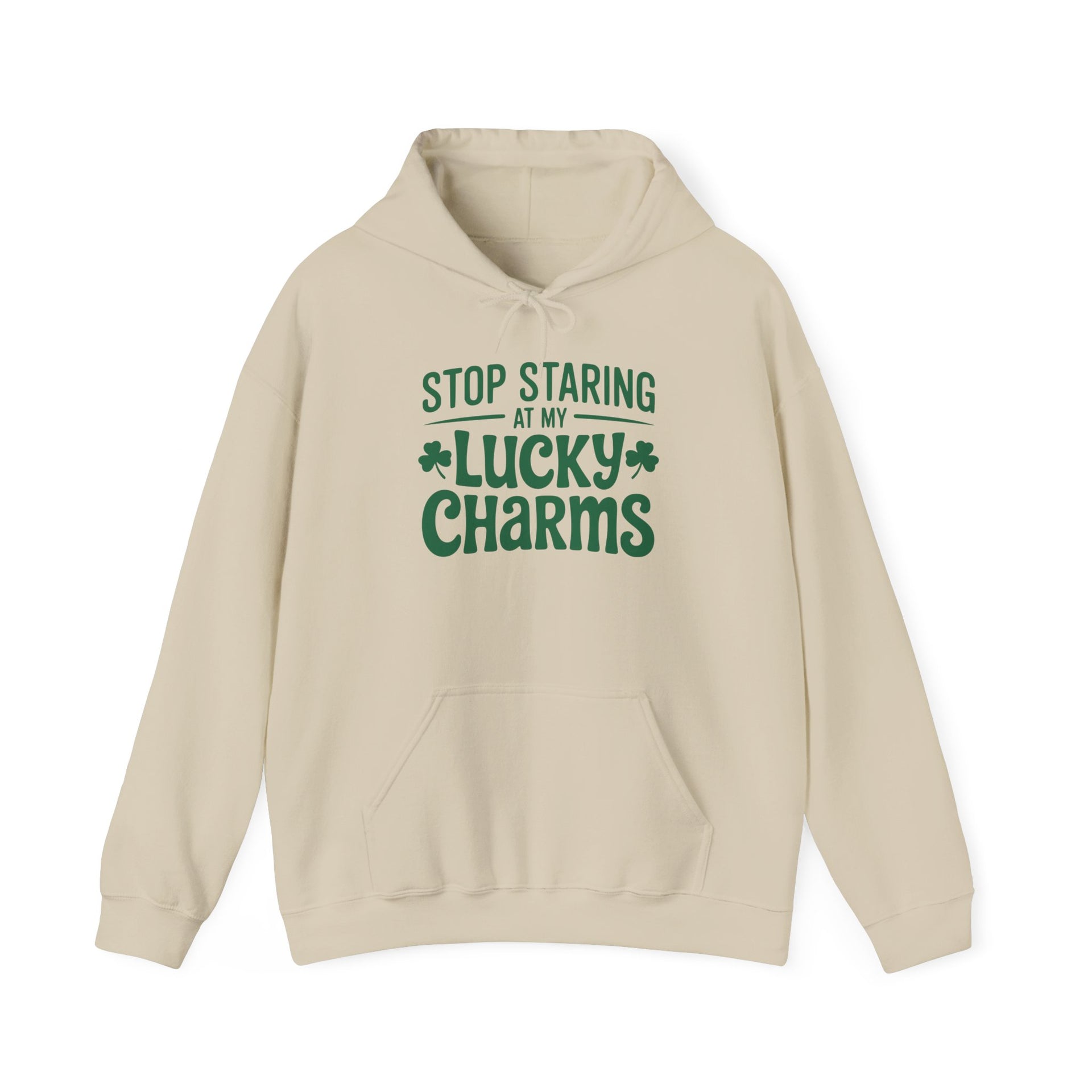 beige hoodie with the phrase stop staring at my lucky charms funny st patricks day design