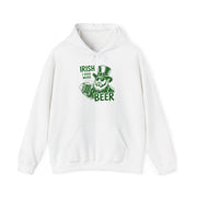 a white hoodie with 'Irish I Had More Beer' text and a leprechaun graphic funny St Patricks Day pub crawl and parade design