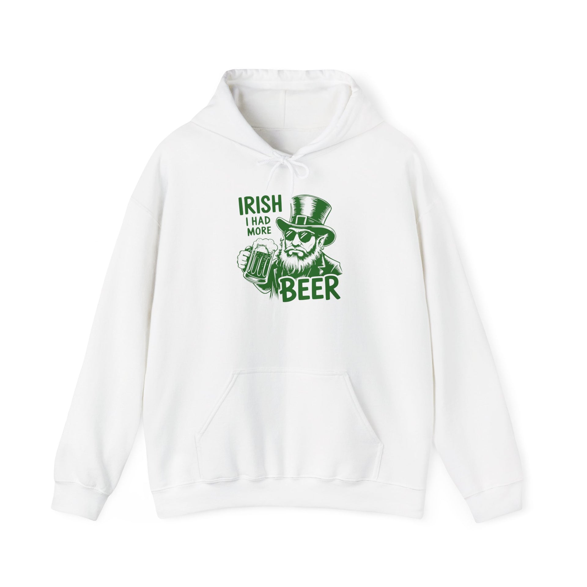a white hoodie with 'Irish I Had More Beer' text and a leprechaun graphic funny St Patricks Day pub crawl and parade design