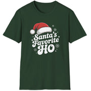 Green graphic t-shirt with the phrase Santa's Favorite HO funny christmas sweater