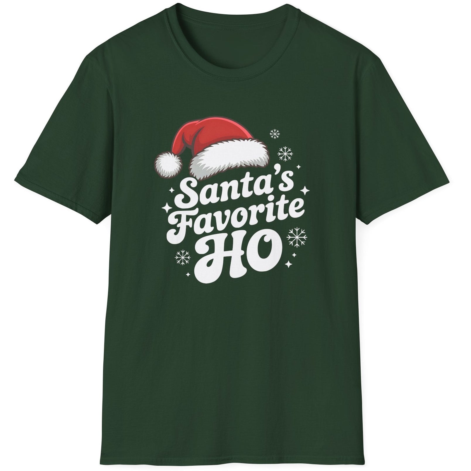 Green graphic t-shirt with the phrase Santa's Favorite HO funny christmas sweater