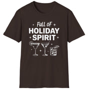 Funny Christmas Drinking Short Sleeve Shirt with three cocktails glasses and the text "Full of Holiday Spirit" - Dark Chocolate