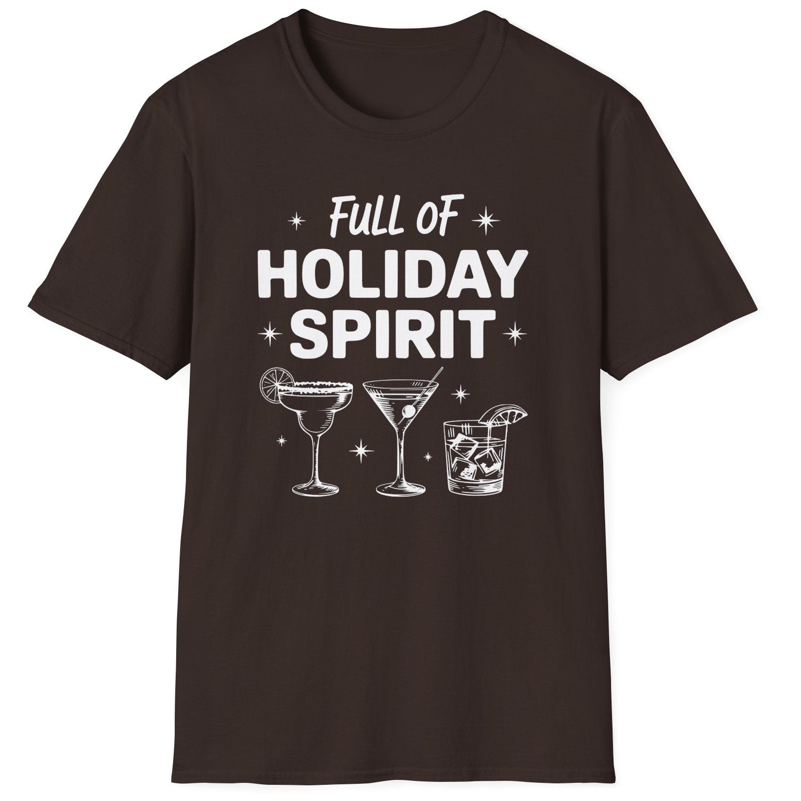 Funny Christmas Drinking Short Sleeve Shirt with three cocktails glasses and the text "Full of Holiday Spirit" - Dark Chocolate
