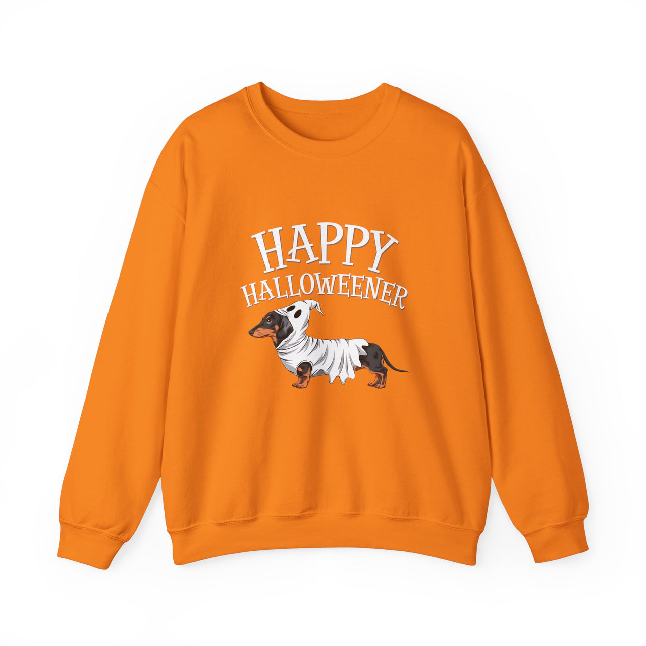 Happy Halloweener Sweatshirt – Funny Dachshund in Ghost Costume for Spooky Season