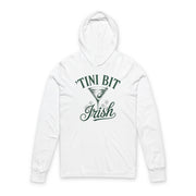 white lightweight hoodie with 'TINI BIT IRISH' text and martini glass design funny st patricks day design