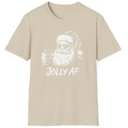 Funny Christmas Humor Short Sleeve Shirt with Santa drinking whiskey and the text "Jolly AF" - Sand