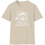 Funny Grumpy Cat Christmas Short Sleeve Shirt with text "Is This Jolly Enough For You" - Sand