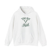 white hoodie with 'Tini Bit Irish' and martini glass funny st patricks day hoodie