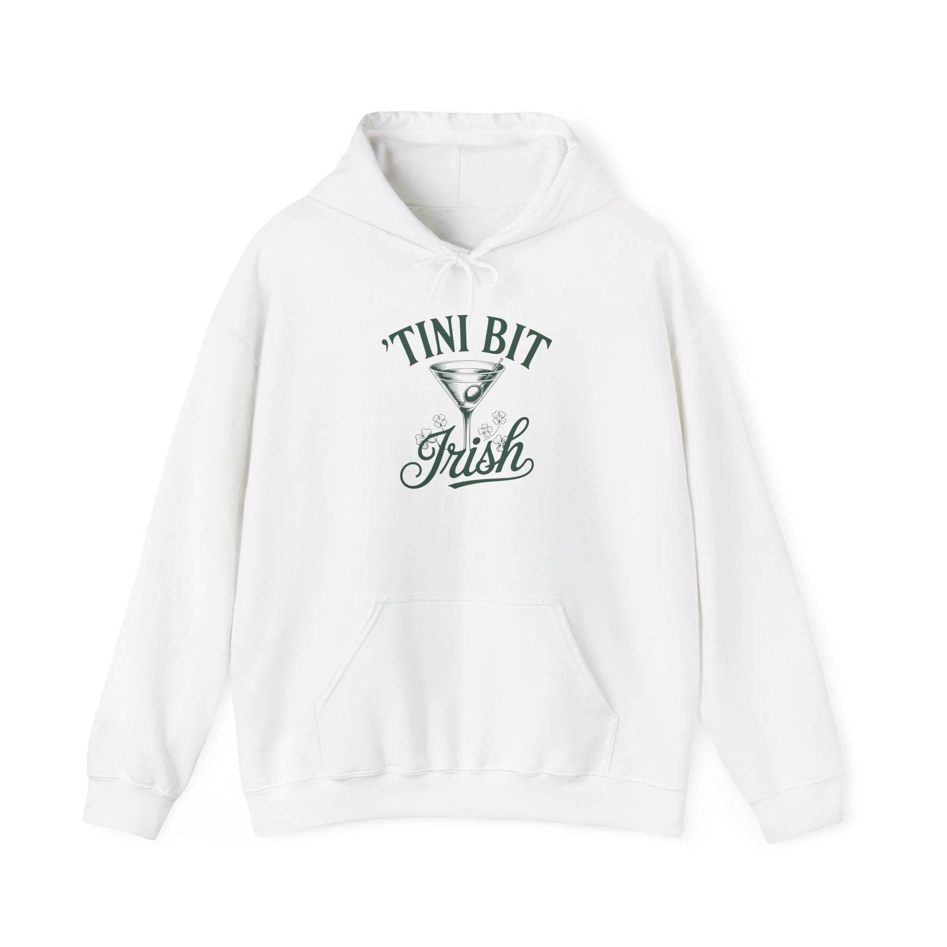 white hoodie with 'Tini Bit Irish' and martini glass funny st patricks day hoodie