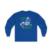 Royal Blue long sleeve tee with leprechaun graphic and text 'Irish I had more beer' funny St Patricks pub crawl and parade design