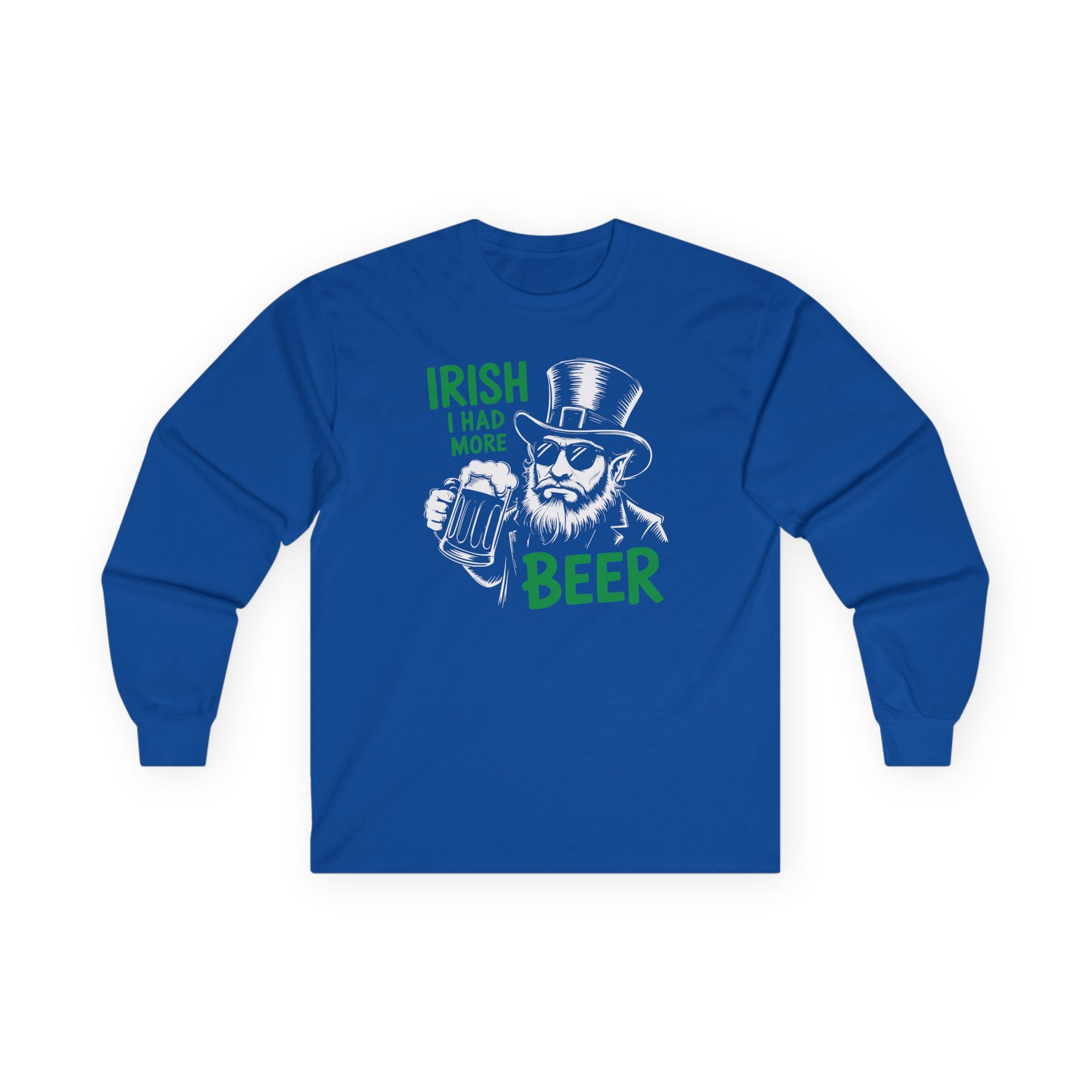 Royal Blue long sleeve tee with leprechaun graphic and text 'Irish I had more beer' funny St Patricks pub crawl and parade design