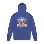 a royal blue lightweight hoodie with the phrase 'Surviving Fatherhood One Beer at a Time' funny Father's day gift for dad