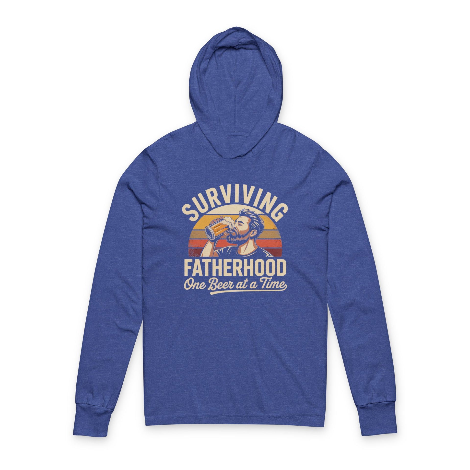 a royal blue lightweight hoodie with the phrase 'Surviving Fatherhood One Beer at a Time' funny Father's day gift for dad